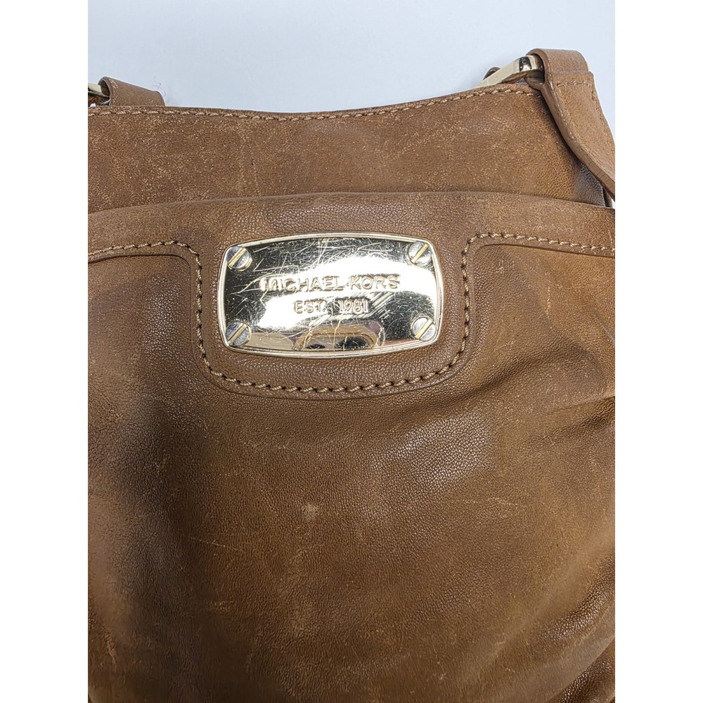 Michael Kors Brown Leather Pleated Crossbody Bag Gold Logo Messenger - Picture 4 of 14